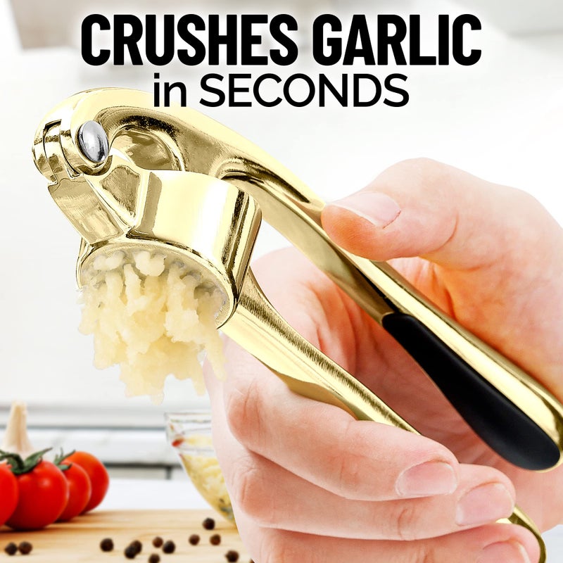 Zulay Kitchen Premium Garlic Press with Soft, Easy to Squeeze Handle - Includes Silicone Garlic Peeler & Cleaning Brush - 3 Piece Garlic Mincer Tool - Sturdy Easy to Clean Garlic Crusher (Gold) - Image 2