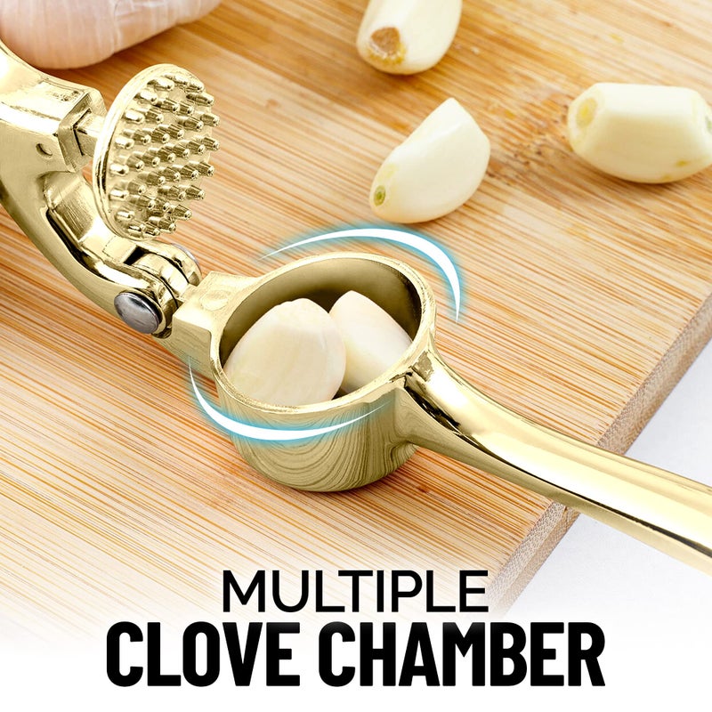 Zulay Kitchen Premium Garlic Press with Soft, Easy to Squeeze Handle - Includes Silicone Garlic Peeler & Cleaning Brush - 3 Piece Garlic Mincer Tool - Sturdy Easy to Clean Garlic Crusher (Gold) - Image 5