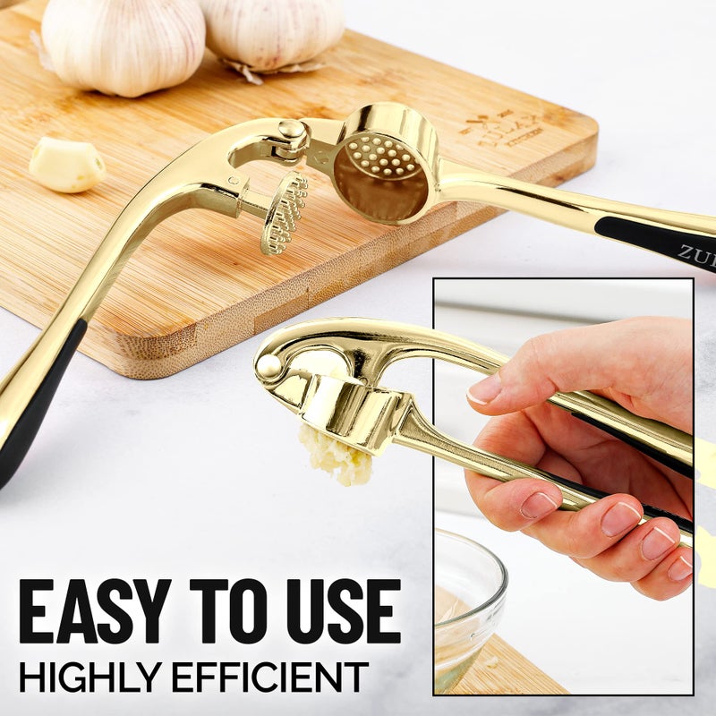 Zulay Kitchen Premium Garlic Press with Soft, Easy to Squeeze Handle - Includes Silicone Garlic Peeler & Cleaning Brush - 3 Piece Garlic Mincer Tool - Sturdy Easy to Clean Garlic Crusher (Gold) - Image 4