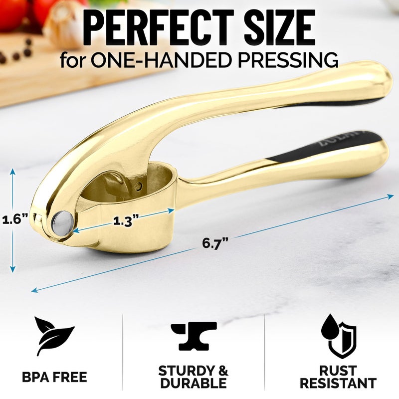 Zulay Kitchen Premium Garlic Press with Soft, Easy to Squeeze Handle - Includes Silicone Garlic Peeler & Cleaning Brush - 3 Piece Garlic Mincer Tool - Sturdy Easy to Clean Garlic Crusher (Gold) - Image 3
