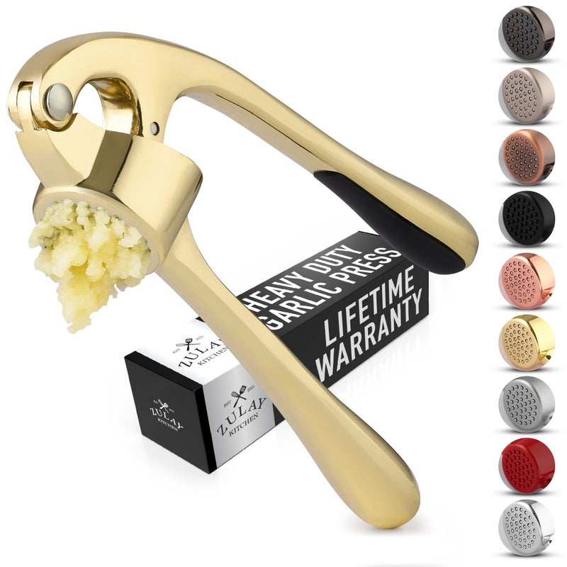 Zulay Kitchen Premium Garlic Press with Soft, Easy to Squeeze Handle - Includes Silicone Garlic Peeler & Cleaning Brush - 3 Piece Garlic Mincer Tool - Sturdy Easy to Clean Garlic Crusher (Gold) - Image 1
