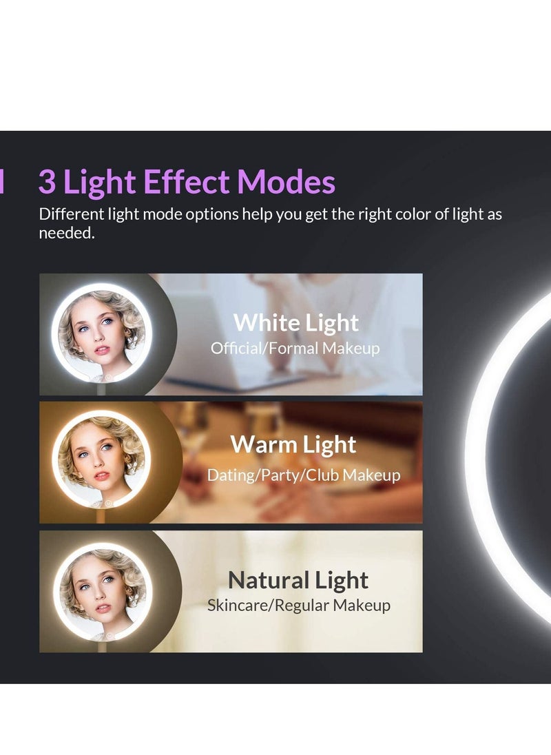 Round Makeup Mirrors, Rechargeable Vanity Mirror with 48 LED Lights, 3 Color Lighting Modes Dimmable 90 Degree Rotation Touch Screen, Light Up Mirror for Travel, Portable Cosmetic LED Mirror
