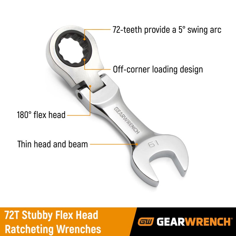 GEARWRENCH 10 Pc. 12 Pt. Stubby Flex Head Ratcheting Combination Wrench Set, Metric - 9550 - Image 2