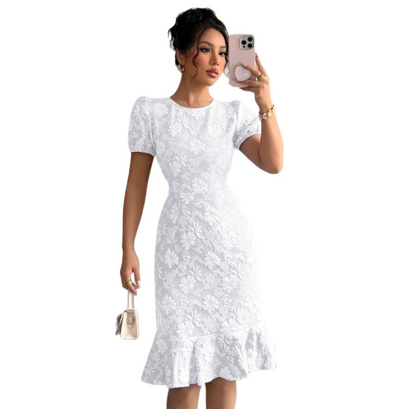 Elegant Floral Bodycon Dress with Puff Sleeves - Image 5