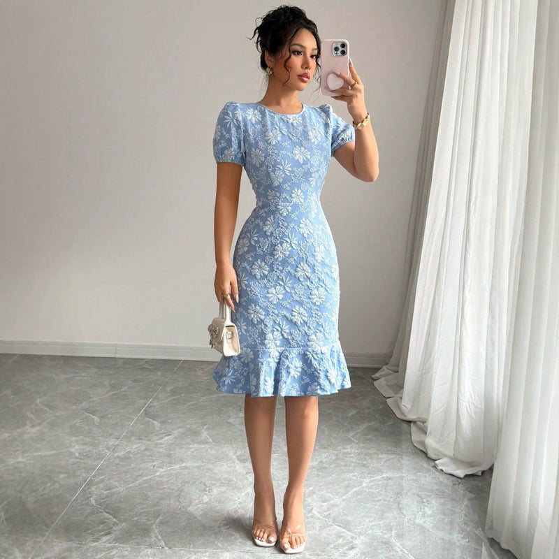 Elegant Floral Bodycon Dress with Puff Sleeves - Image 2