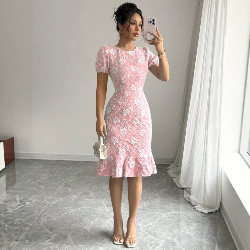 Elegant Floral Bodycon Dress with Puff Sleeves - Image 3