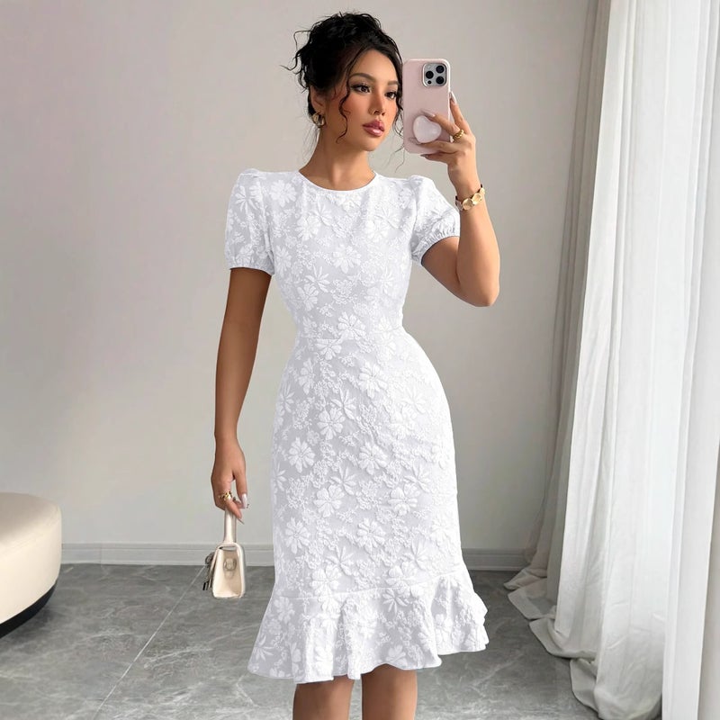 Elegant Floral Bodycon Dress with Puff Sleeves - Image 1