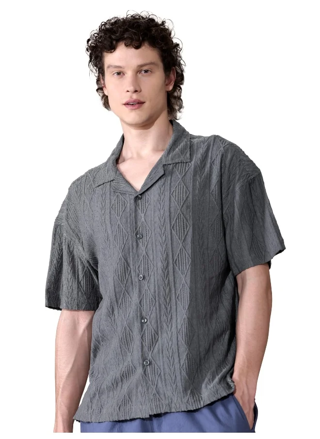 بيونغ Dark Grey Crochet Half-Sleeves Shirt for Men