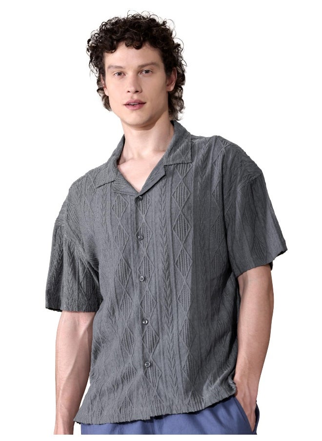 Beyoung - Dark Grey Crochet Half-Sleeves Shirt for Men - Image 1