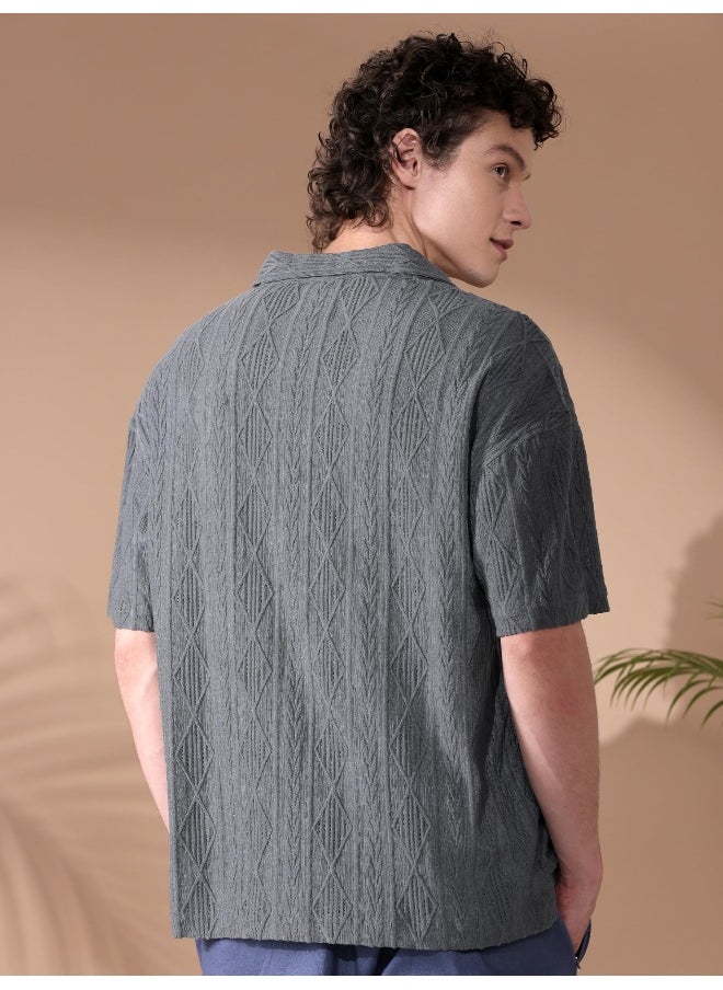 Beyoung - Dark Grey Crochet Half-Sleeves Shirt for Men - Image 1