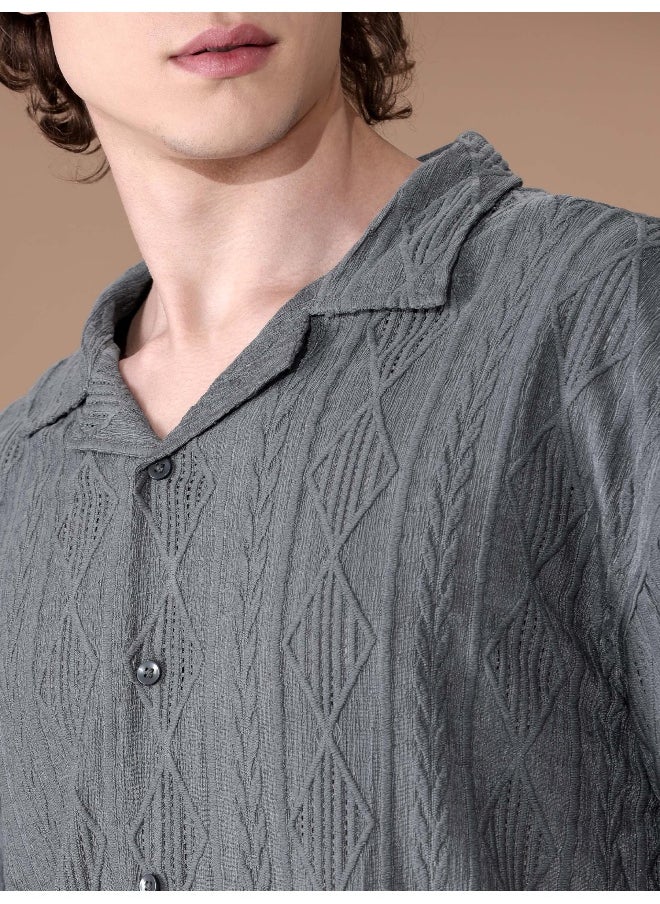 Beyoung - Dark Grey Crochet Half-Sleeves Shirt for Men - Image 1