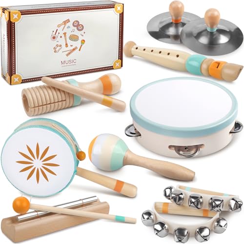 Rmischolar Baby Musical Instruments Montessori Musical Toys for Toddlers 13 Wooden Percussion Instruments Set Kids Preschool Educational Music Learning Toys Birthday Gifts for Boys Girls Neutral - Image 1