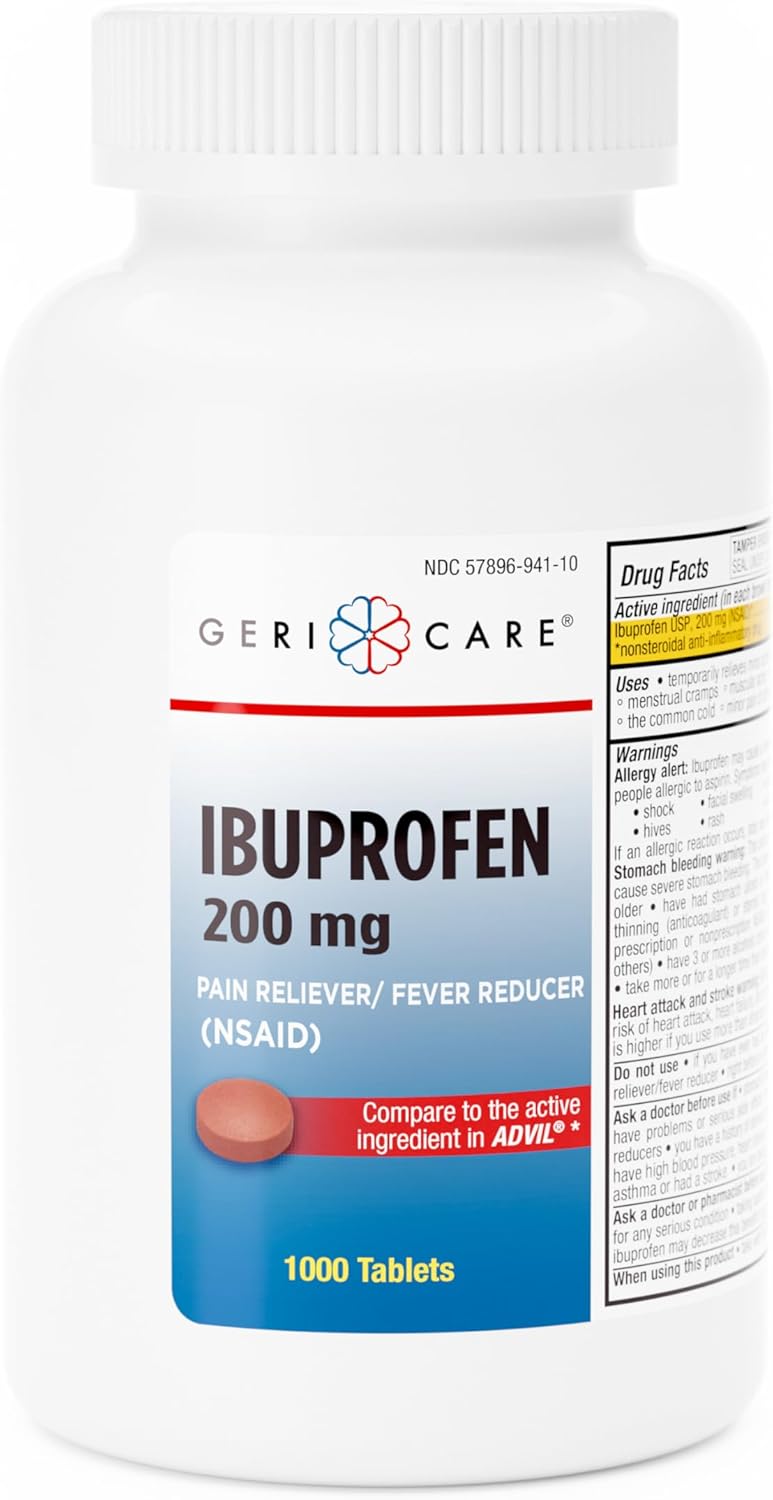 GeriCare Ibuprofen 200mg, Pain Reliever, Fever Reducer, Relieves Body Aches, 1000 Count (Pack of 1)