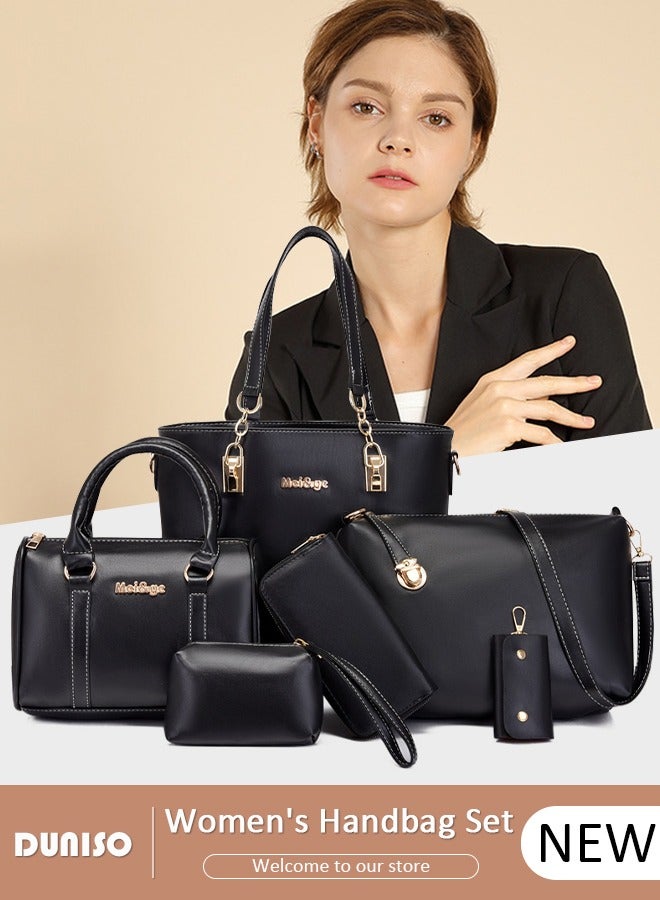 DUNISO 6 Pcs Handbags Set for Women, Black PU Leather Purse Sets, Ladies Fashion Multipurpose Travel Tote Bag, Shoulder Bag Crossbody Bag for Business Shopping Travelling - Image 1