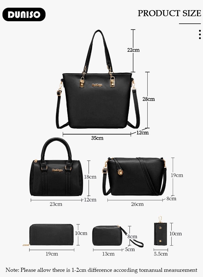 DUNISO 6 Pcs Handbags Set for Women, Black PU Leather Purse Sets, Ladies Fashion Multipurpose Travel Tote Bag, Shoulder Bag Crossbody Bag for Business Shopping Travelling - Image 4