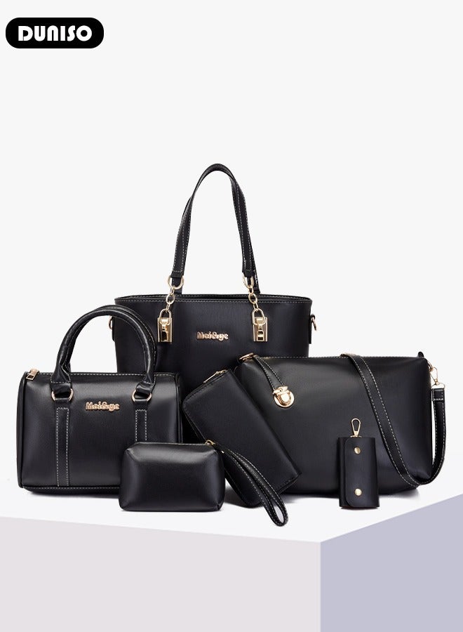 DUNISO 6 Pcs Handbags Set for Women, Black PU Leather Purse Sets, Ladies Fashion Multipurpose Travel Tote Bag, Shoulder Bag Crossbody Bag for Business Shopping Travelling - Image 5