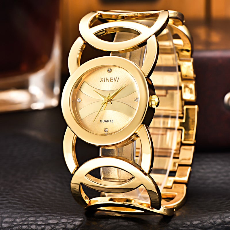 Stainless Steel Bracelet Quartz Ladies Watch Gold with gold face
