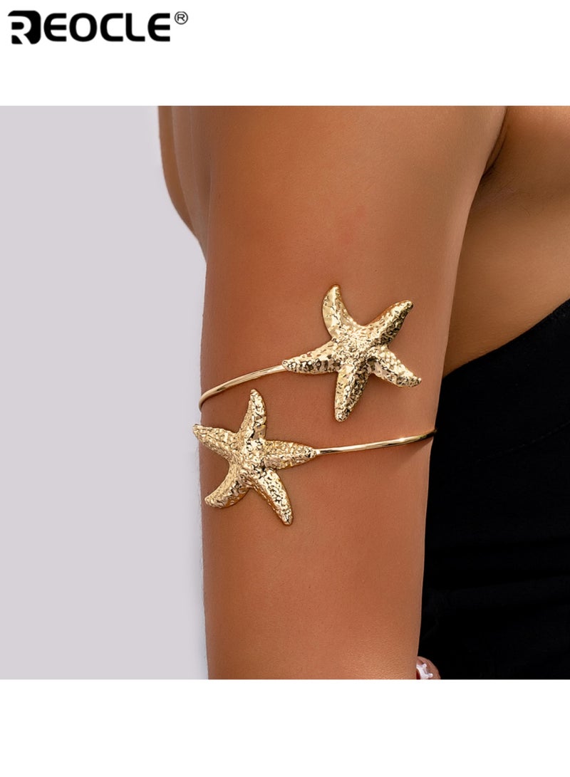 ريوكل سوار ذراع مفتوح بتصميم نجم البحر ثلاثي الأبعاد مزدوج للنساء مستوحى من البحر مرن ومزين بتعليقات ذات ملمس طبيعي مناسب للإطلالات الكاجوال والعطلات - Image 2