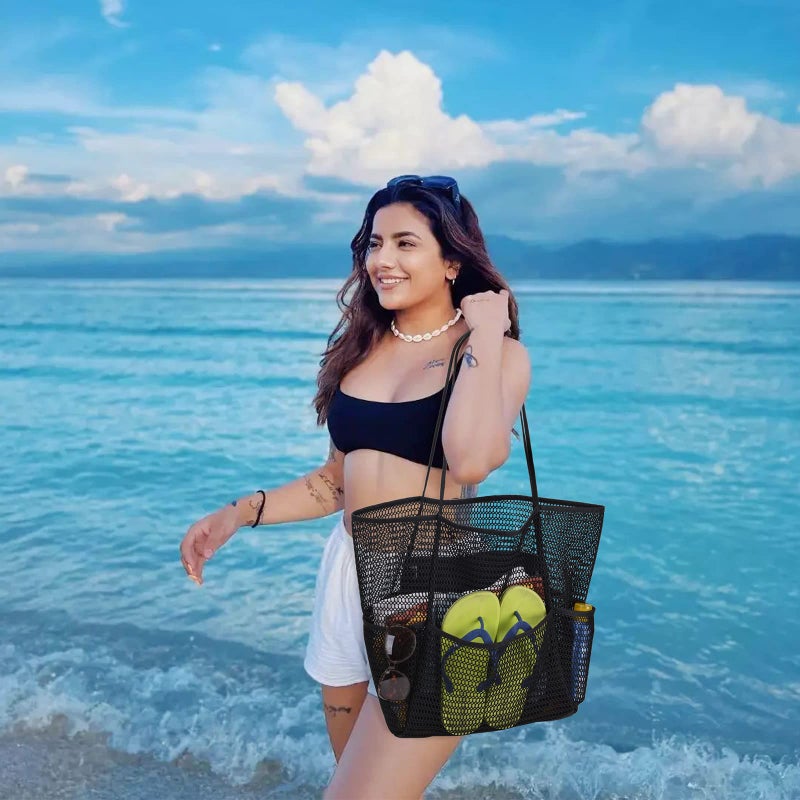 Tainehs Beach Bag - Mesh Tote Bag for Women Waterproof Pool Bag for Travel Family Pool Beach Vacation Cruise Essentials Black - Image 2
