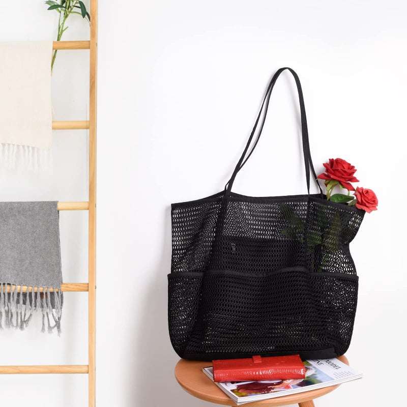 Tainehs Beach Bag - Mesh Tote Bag for Women Waterproof Pool Bag for Travel Family Pool Beach Vacation Cruise Essentials Black - Image 3