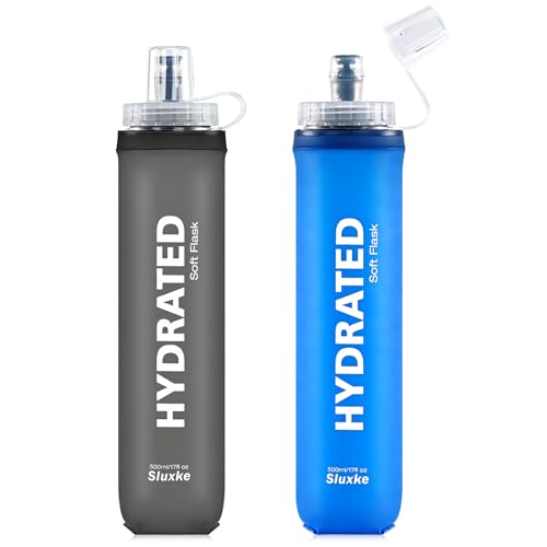 SLUXKE Soft Flask 2 Pack with Dust Cap, 17oz/500ml Flexible TPU Soft Water Flasks for Running Vest, BPA-Free Hydration Foldable Flask for Hiking, Cycling - Image 1
