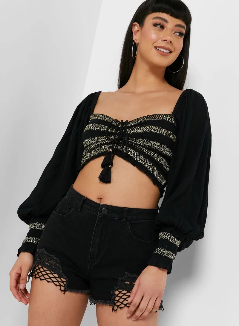 RIVER ISLAND Shirred Puff Sleeve Crop Top