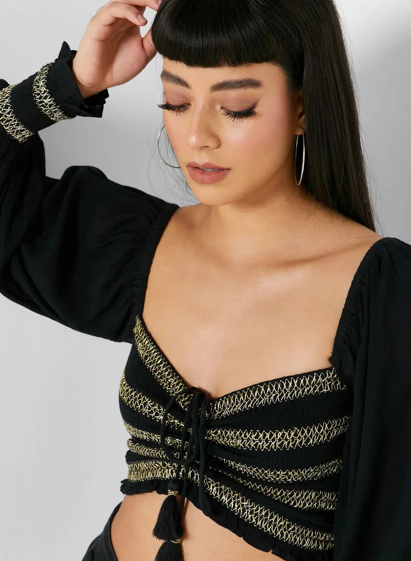 RIVER ISLAND Shirred Puff Sleeve Crop Top