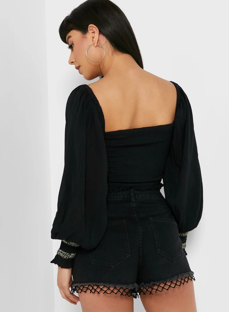 RIVER ISLAND Shirred Puff Sleeve Crop Top