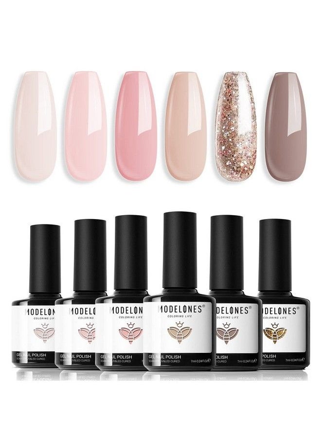 modelones - Nude Gel Nail Polish Set 6 Colors Glitter Neutral Pink Summer Gel Polish Brown Tan All Seasons Skin Tones Soak Off Manicure Home Nail Art Design Starter Kit Salon Quality Holiday Gifts For Women Girls - Image 1
