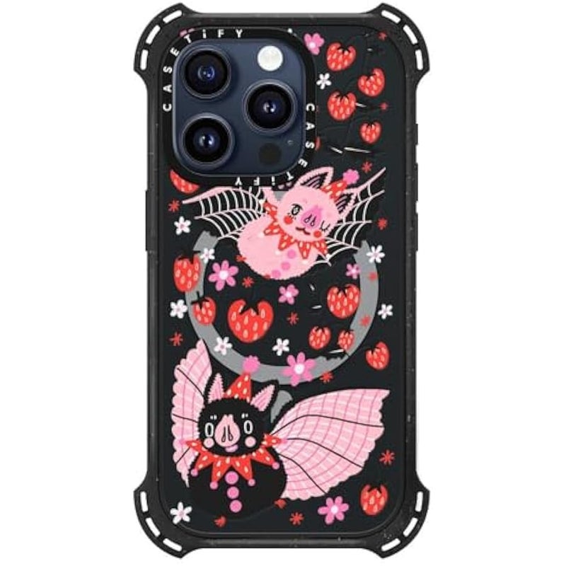 Casetify Bounce iPhone 15 Pro Case 【6X Military Grade Drop Tested / 21.3ft Drop Protection/Compatible with Magsafe】 - Strawberry Bats - Triple Black - Image 2
