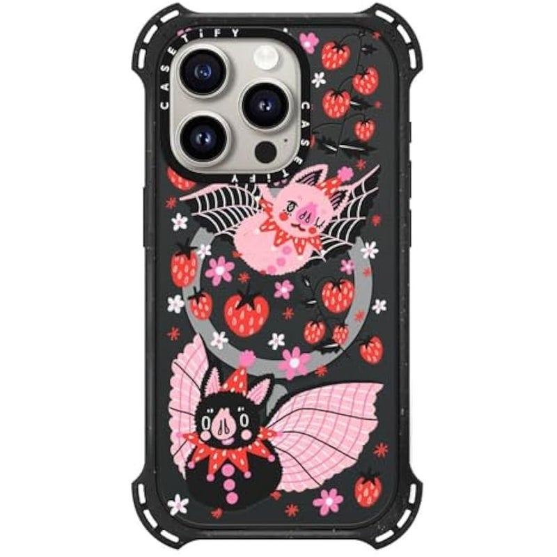 Casetify Bounce iPhone 15 Pro Case 【6X Military Grade Drop Tested / 21.3ft Drop Protection/Compatible with Magsafe】 - Strawberry Bats - Triple Black - Image 1