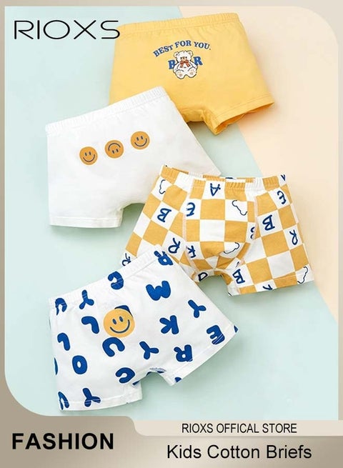 مجموعة ملابس داخلية للأطفال، 4 قطع سراويل قطنية للأولاد، سراويل مطبوعة، شورتات للأولاد الصغار، سراويل بوكسر للأولاد مع حزام خصر مريح وناعم، سراويل قابلة للتنفس للأطفال الصغار/الكبار من 3 إلى 8 سنوات، تصميم بأربع زوايا، أنماط كرتونية، سلسلة صفراء