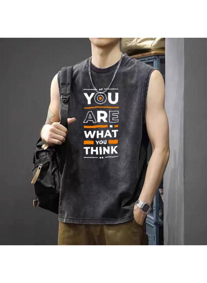 Simple And Minimalist Feng Shui Washed Distressed Sleeveless T-shirt For Men, Summer Loose Casual Tank Top, Versatile Printed Daily Wear Outerwear Top