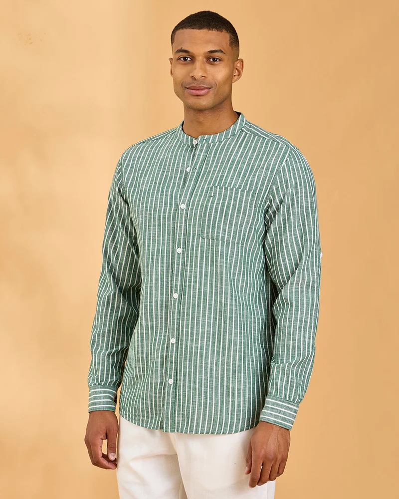 Redtag Men Green Striped Cotton Slub Mandarin Collar Shirt