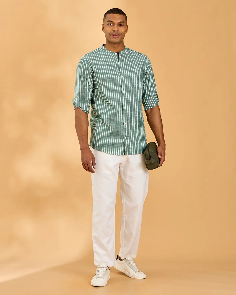 Redtag Men Green Striped Cotton Slub Mandarin Collar Shirt