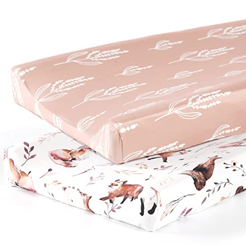 GRSSDER Stretch Ultra Soft Jersey Knit Changing Pad Cover Set 2 Pack Change Table Pad Covers Fit 3234 x 16 Pads Safe and Snug Cute Diaper Change Table Sheets for Girls Fox Pattern for Baby