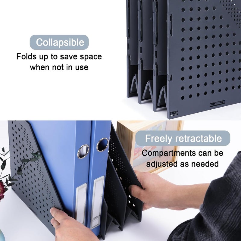 FRETONBA 2Pcs Collapsible Magazine File Holder, Binder Holder for Desk with 3 Vertical Compartments, Binder Storage Organizer for Office School Home, Dark Gray - Image 3