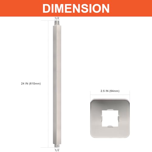HarJue Ceiling Mounted Shower Arm, Rain Shower Square Extension Arm with Flange and Teflon Tape Stainless Steel Ceiling Mount Shower Extender (24 Inch, Brushed Nickel) - Image 2