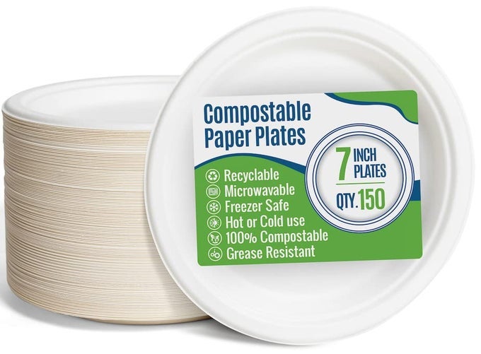 WHITE PAPER PLATES 7 INCH 150 COUNT FOOD GRADE SUGAR CANE FIBER COMPOSTABLE BIODEGRADABLE MICROWAVABLE HOT COLD RESISTANT HEAVY DUTY DISPOSABLE PLATES BULK