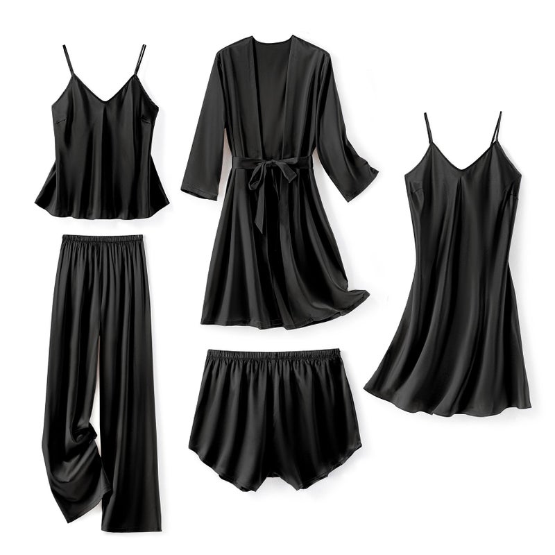 SAPJON Silk Pajamas for Women 5Pcs Sleepwear Loungewear Satin Robe Cami Shorts Pj Set Black - Image 1
