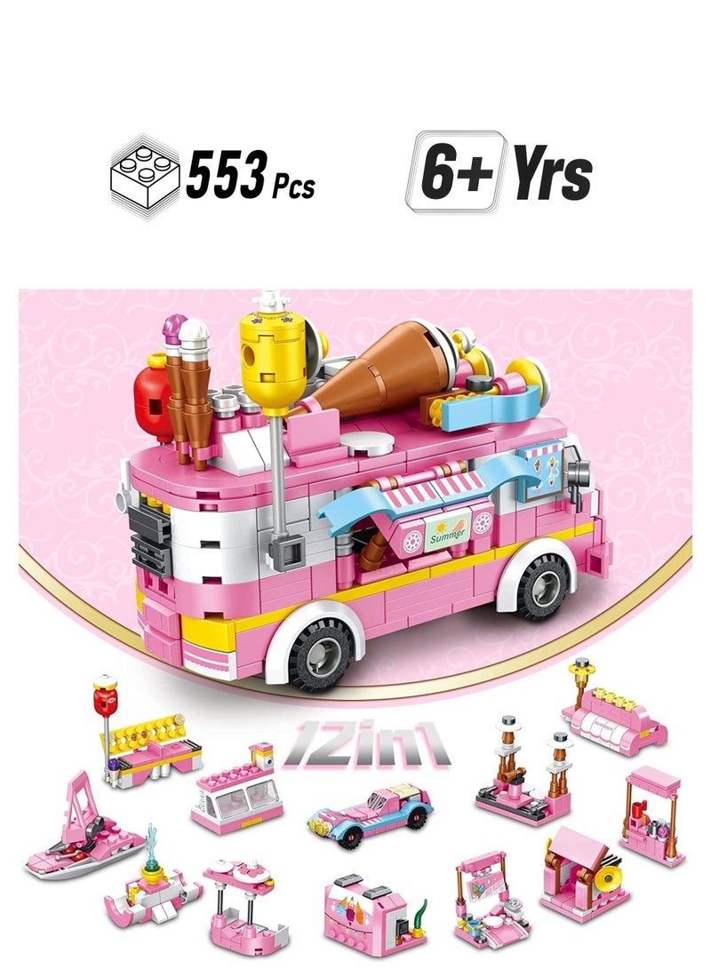 Loquat Building Toys for Girls, 12in1 ce Cream Truck Blocks Construction Vehicles Kit, STEM Learning Bricks Set, Birthday Gifts Kids Children Girls Boys Age 612 553 Pieces - Image 1