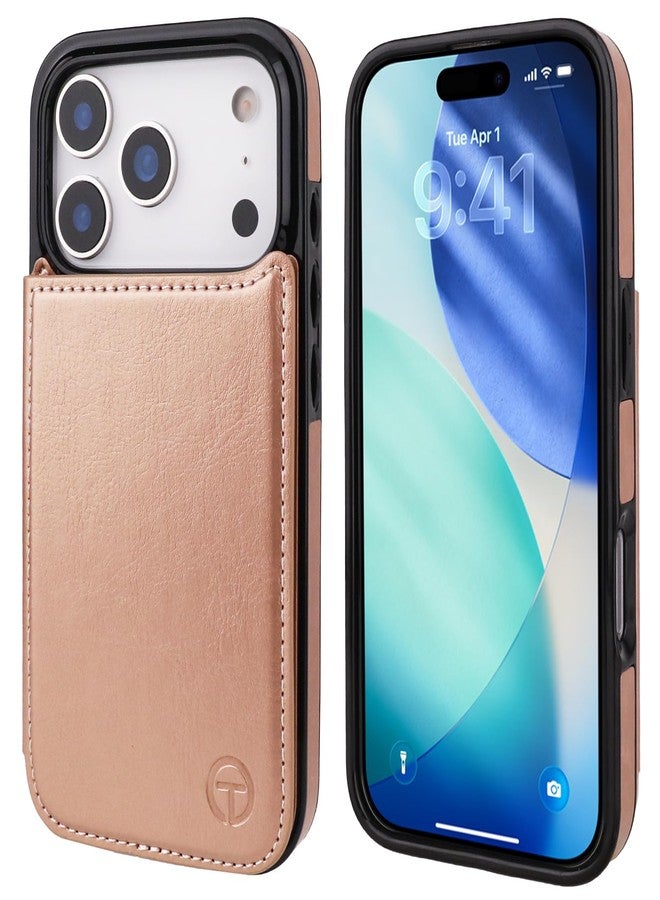 OT ONETOP جراب محفظة متوافق مع Magsafe لهاتف iPhone 17 Pro من ONETOP مع حامل بطاقات، مصنوع من جلد PU، مزود بحامل مدمج، وغطاء مانع لتقنية RFID، ومشبك مغناطيسي مزدوج، وغطاء متين مقاوم للصدمات، مقاس 6.3 بوصة (ذهبي وردي). - Image 3