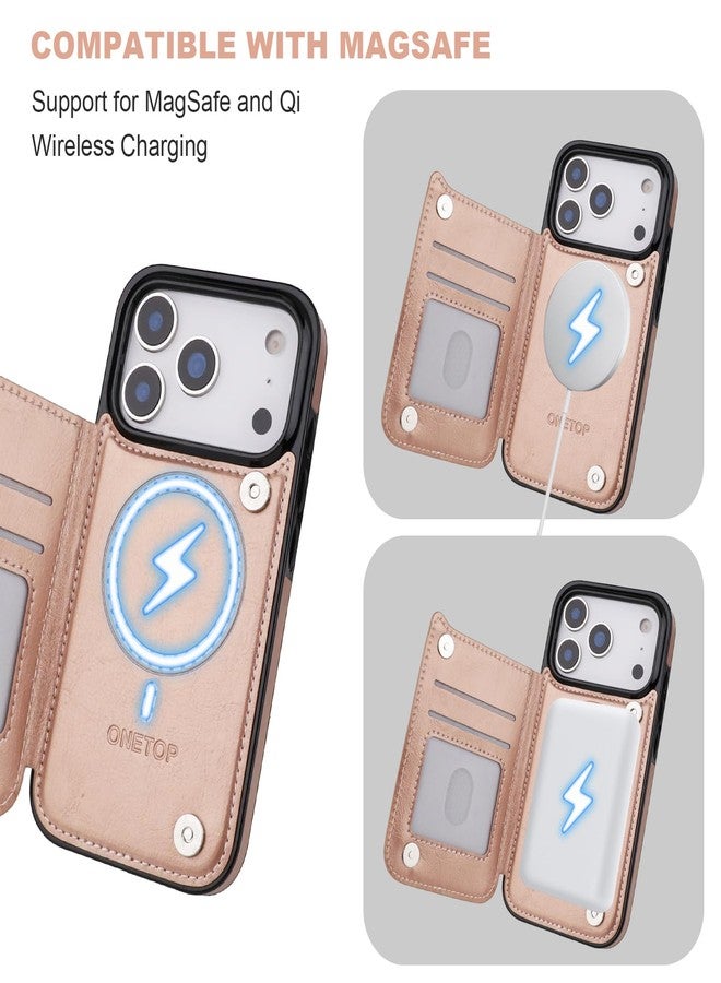 OT ONETOP جراب محفظة متوافق مع Magsafe لهاتف iPhone 17 Pro من ONETOP مع حامل بطاقات، مصنوع من جلد PU، مزود بحامل مدمج، وغطاء مانع لتقنية RFID، ومشبك مغناطيسي مزدوج، وغطاء متين مقاوم للصدمات، مقاس 6.3 بوصة (ذهبي وردي). - Image 5