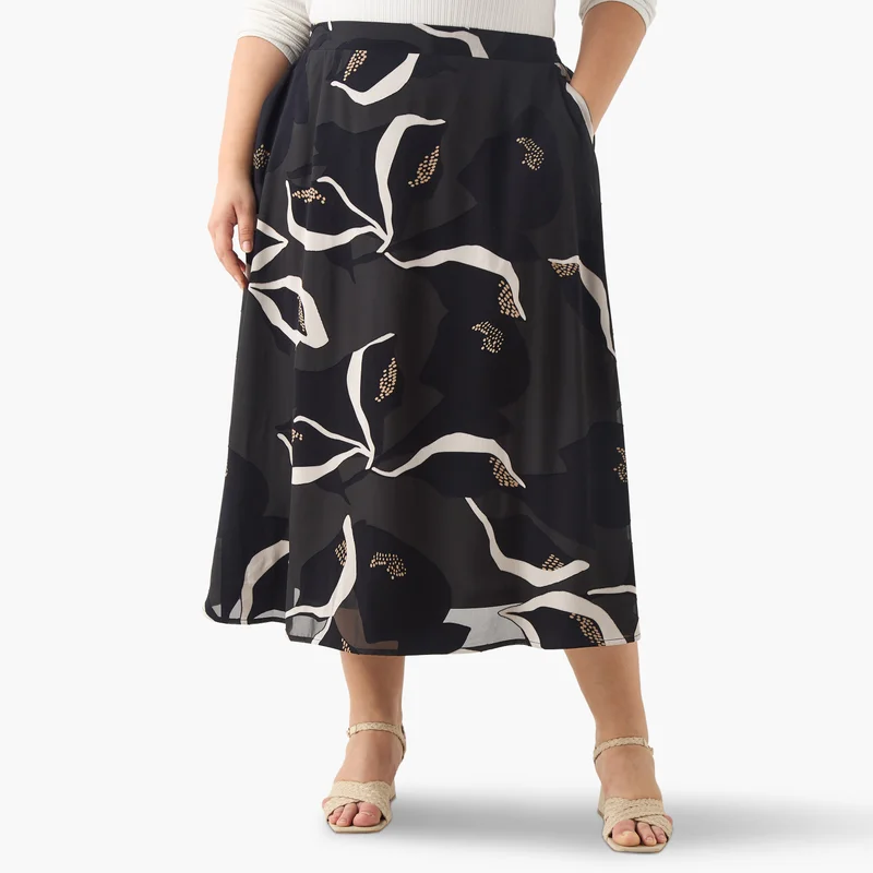  أولا بوبكن Plus Size Ulla Popken Printed Midi Skirt with Elasticated Waistband and Pocket