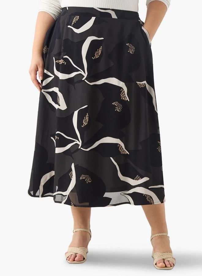 Ulla Popken Plus Size Ulla Popken Printed Midi Skirt with Elasticated Waistband and Pocket