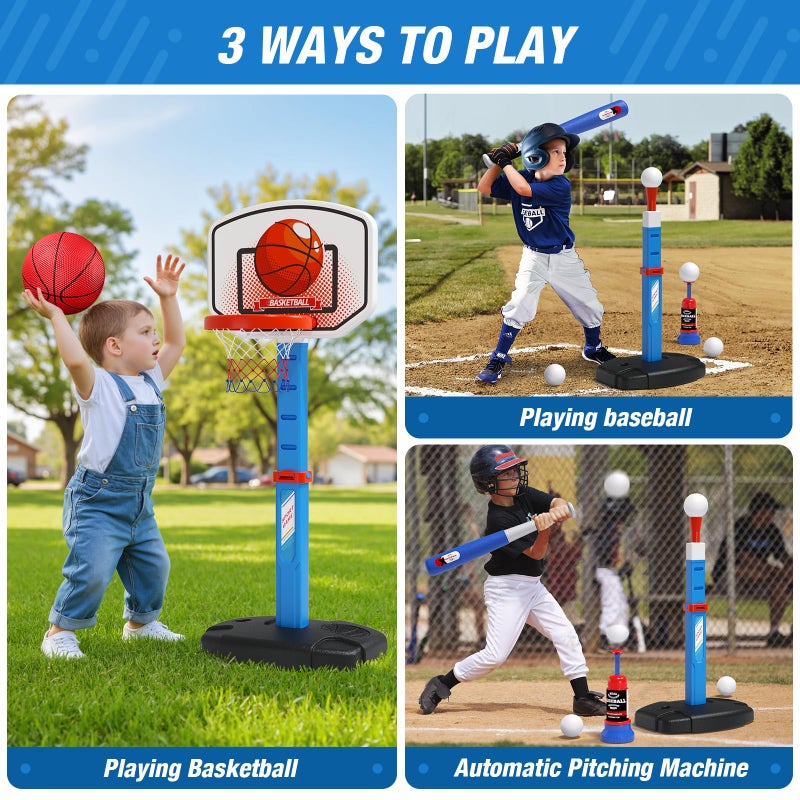 HYES 2 in 1 Kids Basketball Hoop and T Ball Set  Adjustable Height Kids Baseball Tee with Automatic Pitching Machine Indoor Outdoor Sport Toys Gifts for Toddler Boys Girls Age 15 Blue - Image 3