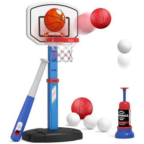 HYES 2 in 1 Kids Basketball Hoop and T Ball Set  Adjustable Height Kids Baseball Tee with Automatic Pitching Machine Indoor Outdoor Sport Toys Gifts for Toddler Boys Girls Age 15 Blue - Image 1