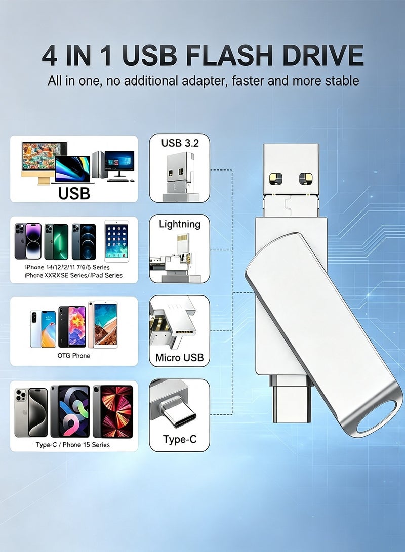 Yakiter 2TB Photo Stick for Phone Flash Drive,4in1 Memory Stick for Photos and Videos USB Stick External Storage Compatible for iPhone/iPad/Android/PC (Silver) - Image 4