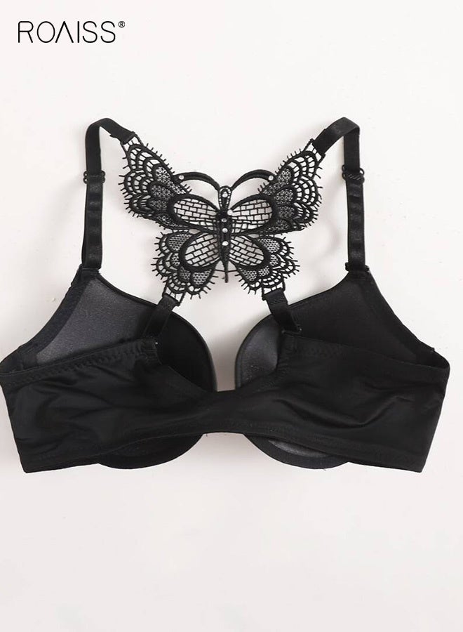 roaiss Women's Front Closure Push up Bra Wire-Free Comfort Butterfly Lace Back Underwear Ladies Adjustable Strap Design Lingerie Cross Strap Bralette Black - Image 4