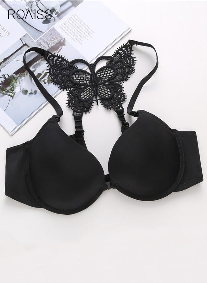 roaiss Women's Front Closure Push up Bra Wire-Free Comfort Butterfly Lace Back Underwear Ladies Adjustable Strap Design Lingerie Cross Strap Bralette Black - Image 5